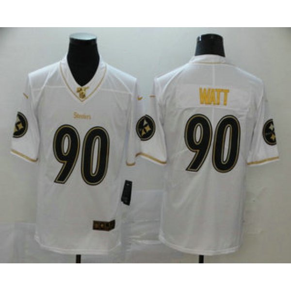 Men's Pittsburgh Steelers #90 T. J. Watt White 100th Season Golden Edition Jersey