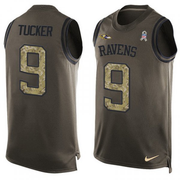 Men's Baltimore Ravens #9 Justin Tucker Green Salute to Service Hot Pressing Player Name & Number Nike NFL Tank Top Jersey