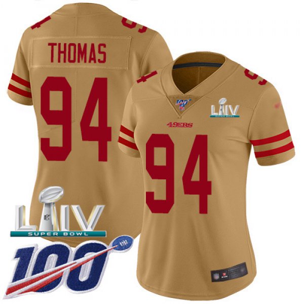 Nike 49ers #94 Solomon Thomas Gold Super Bowl LIV 2020 Women's Stitched NFL Limited Inverted Legend 100th Season Jersey