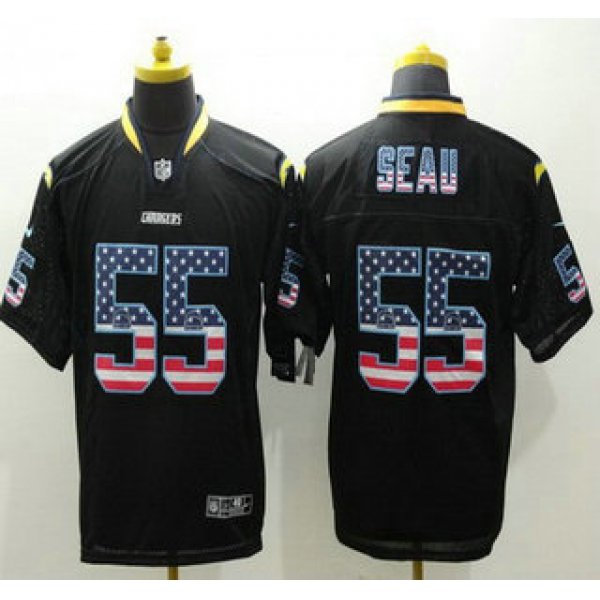 Men's San Diego Chargers #55 Junior Seau Black USA Flag Fashion NFL Nike Elite Jersey