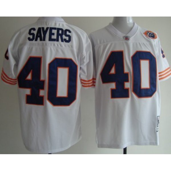 Chicago Bears #40 Gale Sayers White Throwback With Bear Patch  Jersey