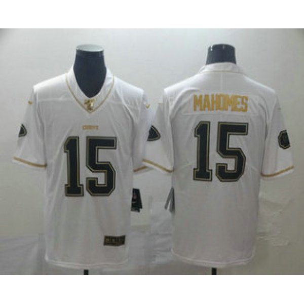 Men's Kansas City Chiefs #15 Patrick Mahomes White 100th Season Golden Edition Jersey