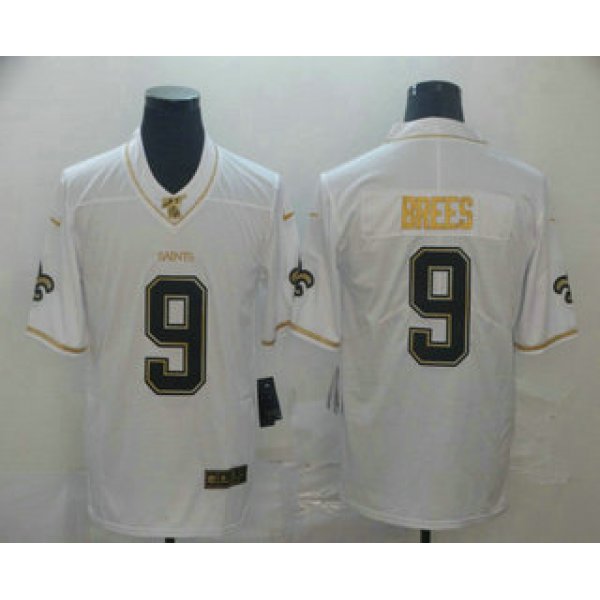 Men's New Orleans Saints #9 Drew Brees White 100th Season Golden Edition Jersey
