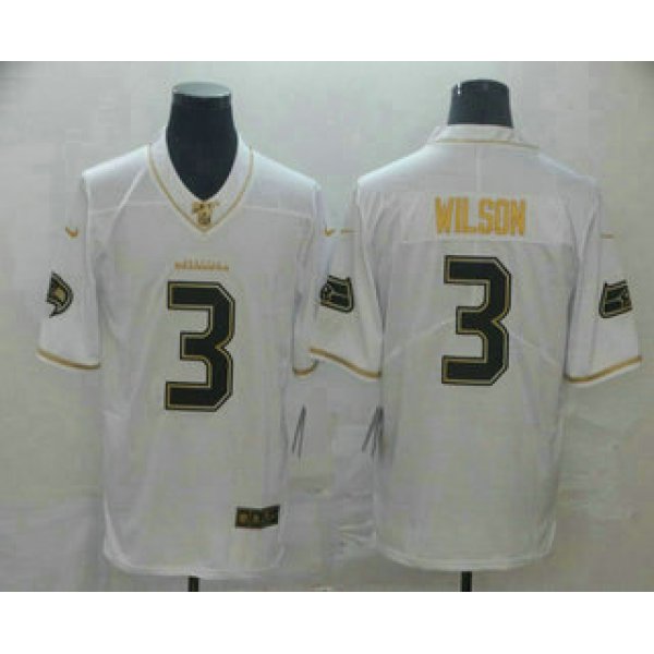 Men's Seattle Seahawks #3 Russell Wilson White 100th Season Golden Edition Jersey