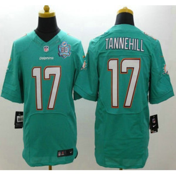 Men's Miami Dolphins #17 Ryan Tannehill Aqua Green Team Color 2015 NFL 50th Patch Nike Elite Jersey