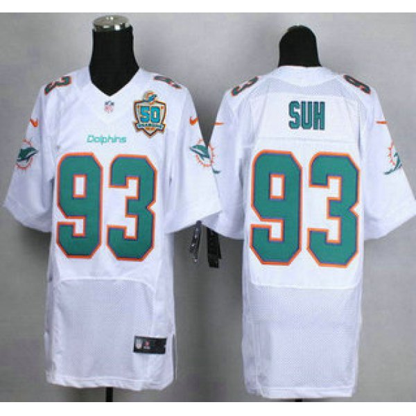 Men's Miami Dolphins #93 Ndamukong Suh White Road 2015 NFL 50th Patch Nike Elite Jersey