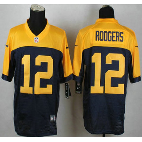 Green Bay Packers #12 Aaron Rodgers Navy Blue With Gold NFL Nike Elite Jersey