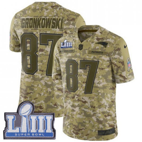 Men's New England Patriots #87 Rob Gronkowski Camo Nike NFL 2018 Salute to Service Super Bowl LIII Bound Limited Jersey