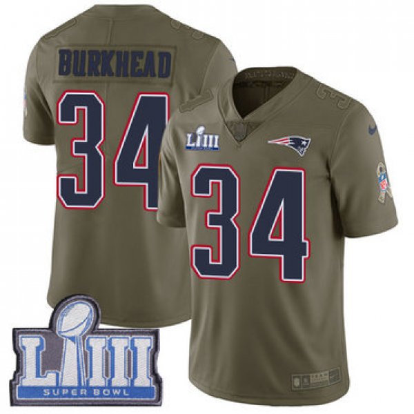 #34 Limited Rex Burkhead Olive Nike NFL Men's Jersey New England Patriots 2017 Salute to Service Super Bowl LIII Bound