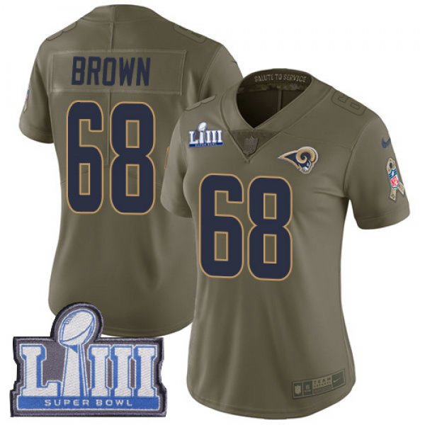 #68 Limited Jamon Brown Olive Nike NFL Women's Jersey Los Angeles Rams 2017 Salute to Service Super Bowl LIII Bound