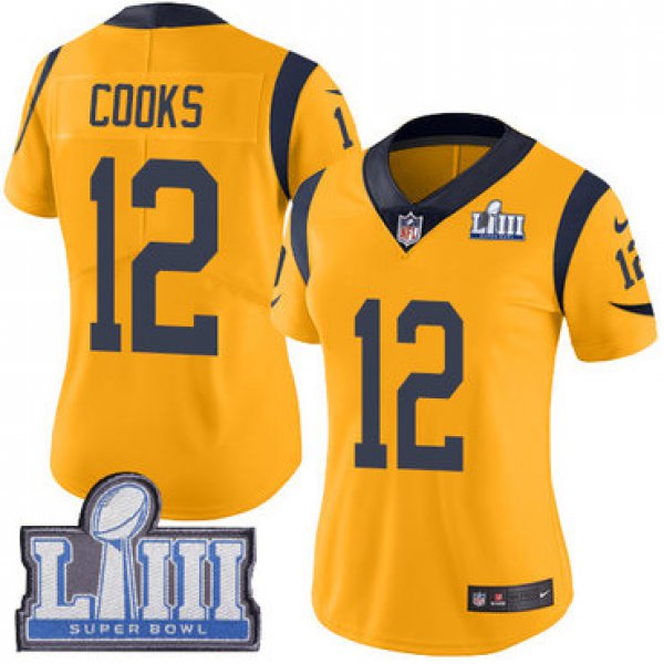 #12 Limited Brandin Cooks Gold Nike NFL Women's Jersey Los Angeles Rams Rush Vapor Untouchable Super Bowl LIII Bound