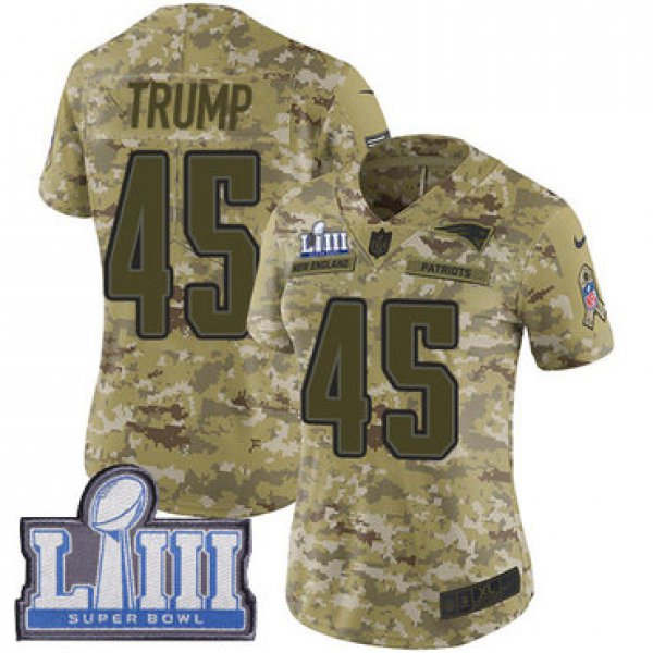 #45 Limited Donald Trump Camo Nike NFL Women's Jersey New England Patriots 2018 Salute to Service Super Bowl LIII Bound