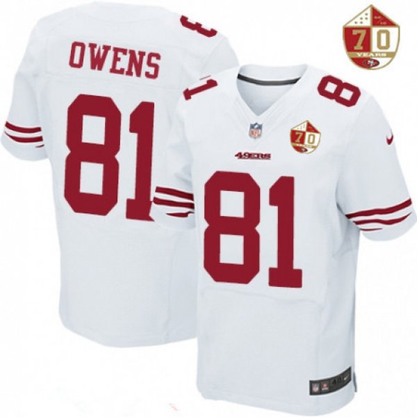 Men's San Francisco 49ers #81 Terrell Owens White 70th Anniversary Patch Stitched NFL Nike Elite Jersey