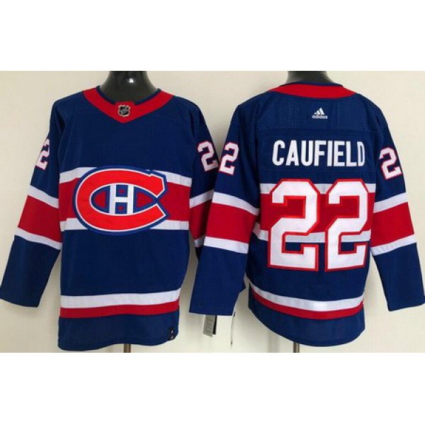 Men's Montreal Canadiens #22 Cole Caufield Blue 2021 Reverse Retro Stitched NHL Jersey