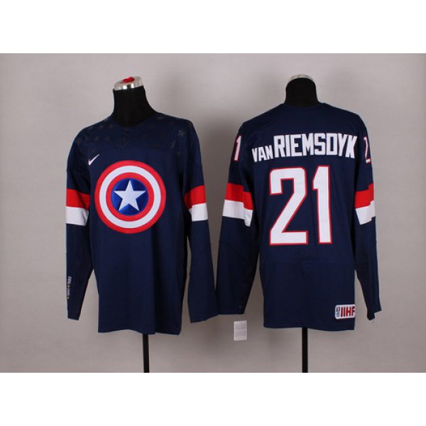 2015 Men's Team USA #21 James van Riemsdyk Captain America Fashion Navy Blue Jersey