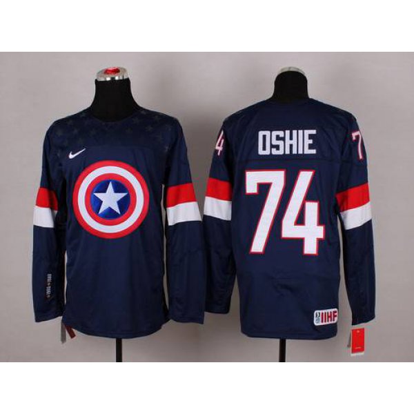 2015 Men's Team USA #74 T.J. Oshie Captain America Fashion Navy Blue Jersey