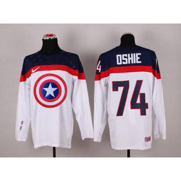 2015 Men's Team USA #74 T.J. Oshie Captain America Fashion White Jersey