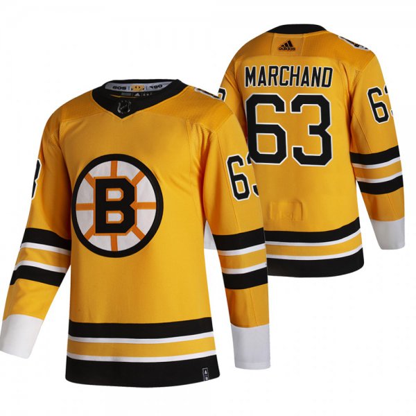 Boston Bruins #63 Brad Marchand Yellow Men's Adidas 2020-21 Reverse Retro Alternate NHL Jersey