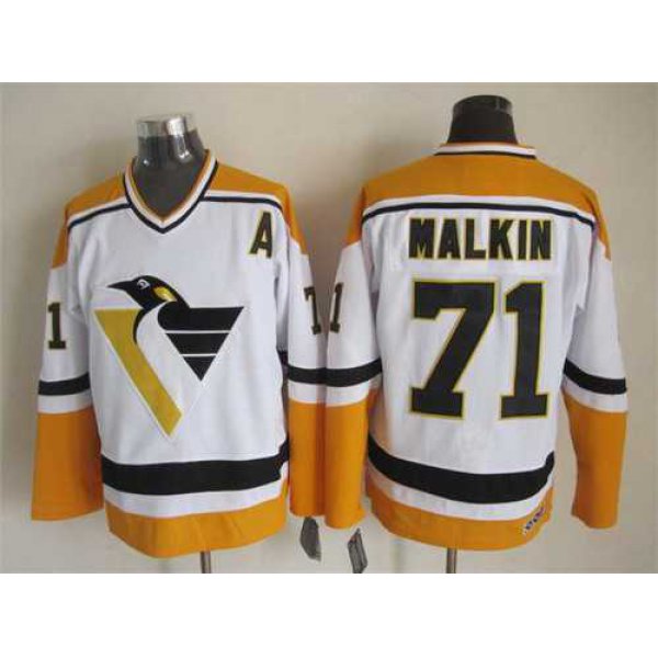 Pittsburgh Penguins #71 Evgeni Malkin 1993 White With Yellow CCM Vintage Throwback Jersey