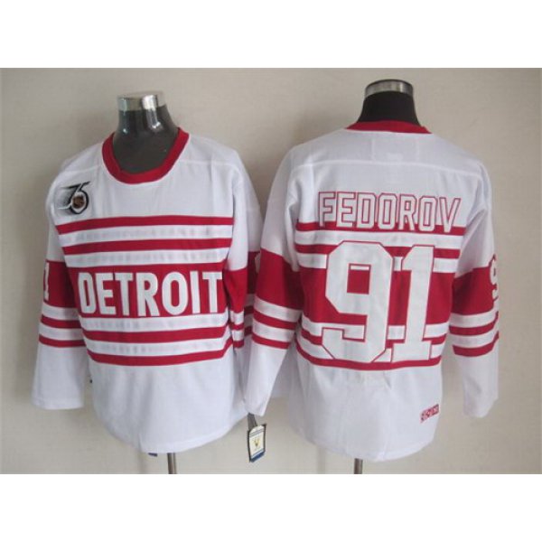 Detroit Red Wings #91 Sergei Fedorov White 75TH Throwback CCM Jersey