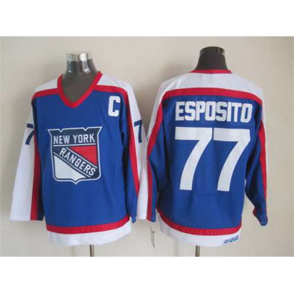 New York Rangers #77 Phil Esposito Light Blue With White CCM Vintage Throwback Jersey