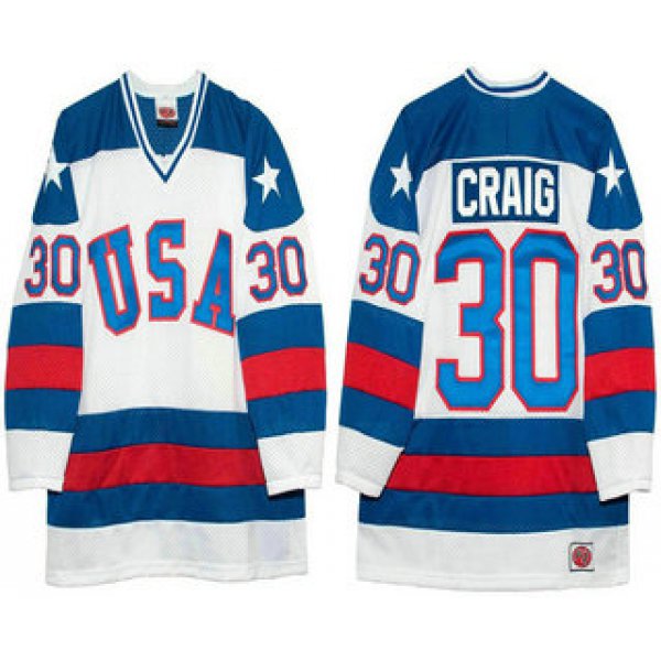 Men's 1980 Olympics USA #30 Jim Craig White Throwback Stitched Vintage Ice Hockey Jersey