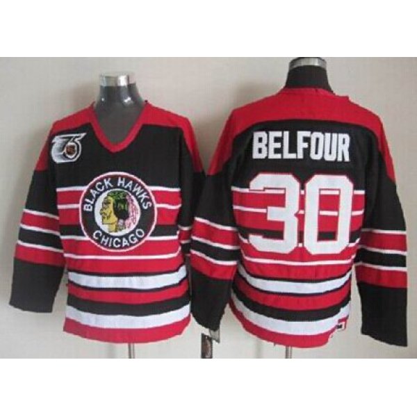 Chicago Blackhawks #30 Ed Belfour Black Pinstripe 75TH Throwback CCM Jersey