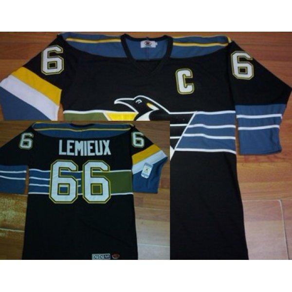 Pittsburgh Penguins #66 Mario Lemieux Black With Blue Throwback CCM Jersey