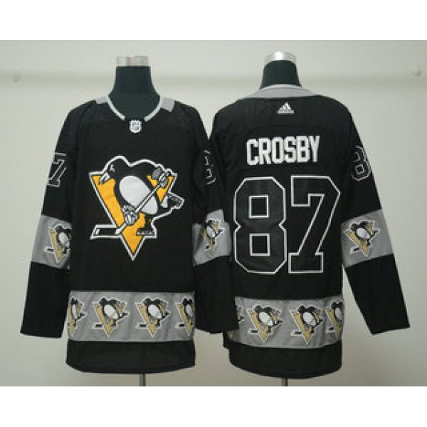 Men's Pittsburgh Penguins #87 Sidney Crosby Black Team Logos Fashion Adidas Jersey