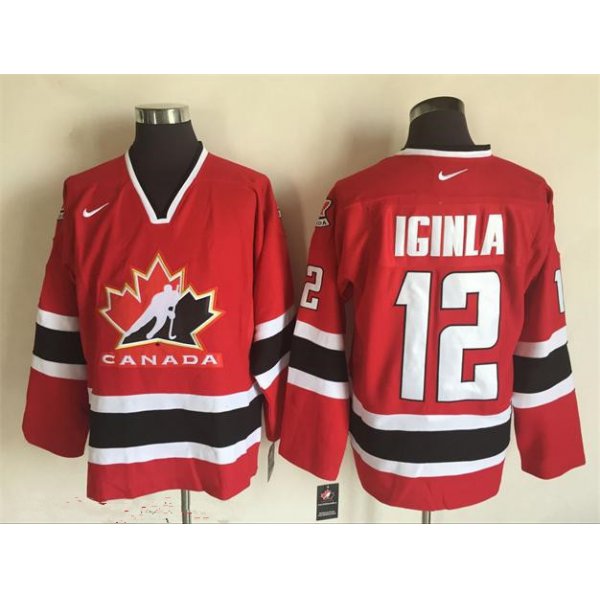 Men's 2002 Team Canada #12 Jarome Iginla Red Nike Olympic Throwback Stitched Hockey Jersey