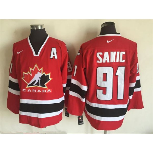 Men's 2002 Team Canada #91 Joe Sakic Red Nike Olympic Throwback Stitched Hockey Jersey