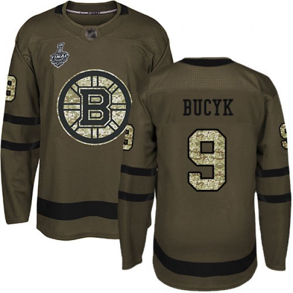 Men's Boston Bruins #9 Johnny Bucyk Green Salute to Service 2019 Stanley Cup Final Bound Stitched Hockey Jersey