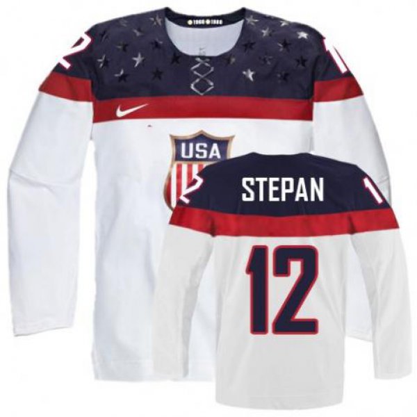 2014 Olympics USA #12 Derek Stepan White Jersey