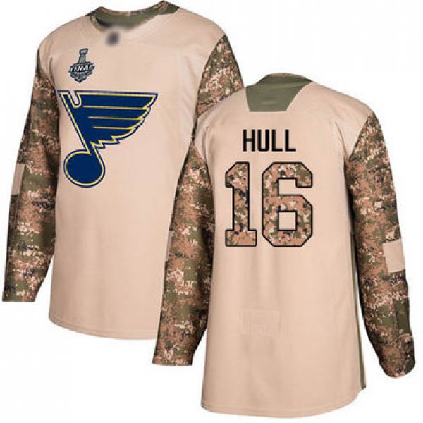 Men's St. Louis Blues #16 Brett Hull Camo Authentic 2017 Veterans Day 2019 Stanley Cup Final Bound Stitched Hockey Jersey