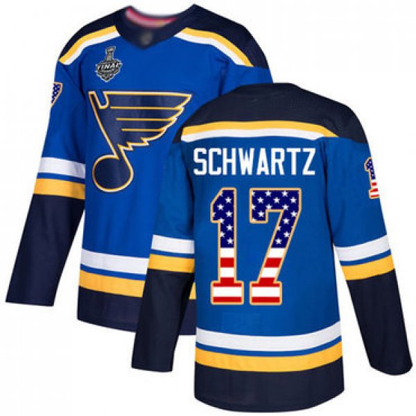 Men's St. Louis Blues #17 Jaden Schwartz Blue Home Authentic USA Flag 2019 Stanley Cup Final Bound Stitched Hockey Jersey