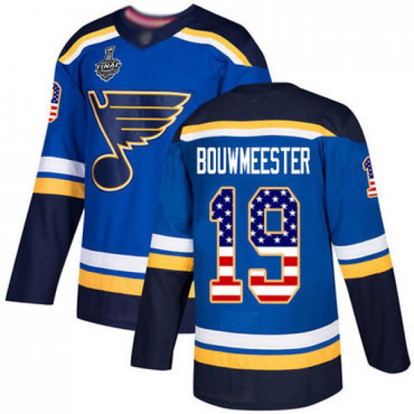 Men's St. Louis Blues #19 Jay Bouwmeester Blue Home Authentic USA Flag 2019 Stanley Cup Final Bound Stitched Hockey Jersey