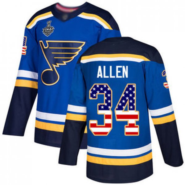 Men's St. Louis Blues #34 Jake Allen Blue Home Authentic USA Flag 2019 Stanley Cup Final Bound Stitched Hockey Jersey