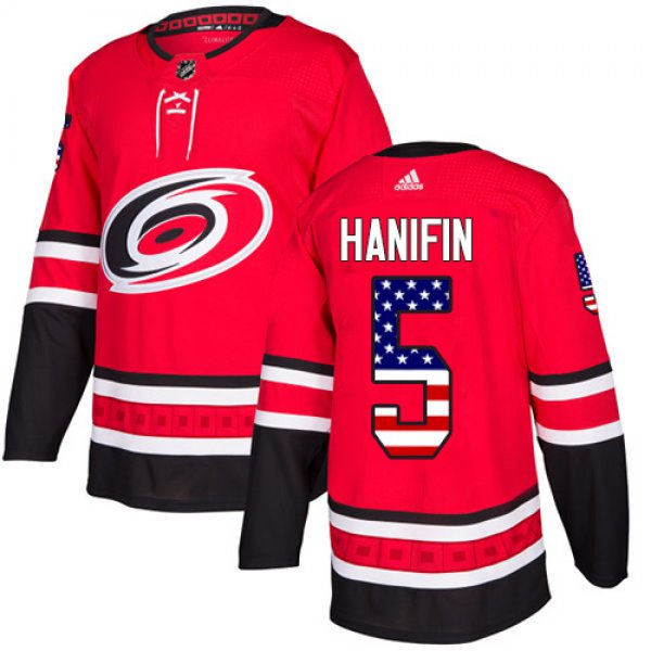 Adidas Hurricanes #5 Noah Hanifin Red Home Authentic USA Flag Stitched NHL Jersey