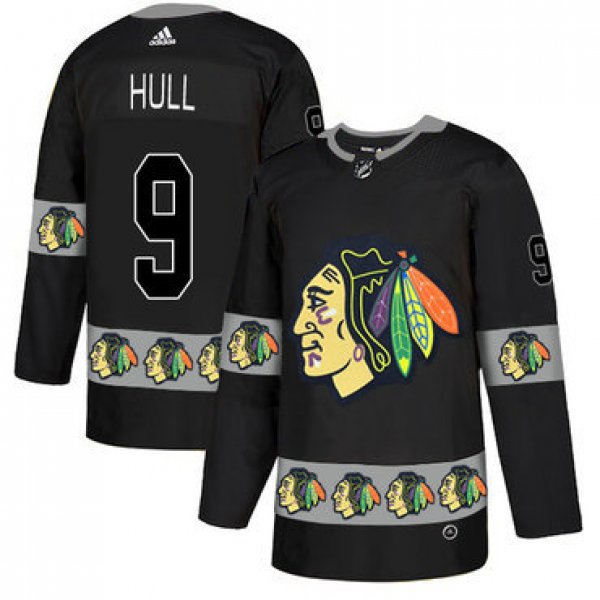 Men's Chicago Blackhawks #9 Bobby Hull Black Team Logos Fashion Adidas Jersey