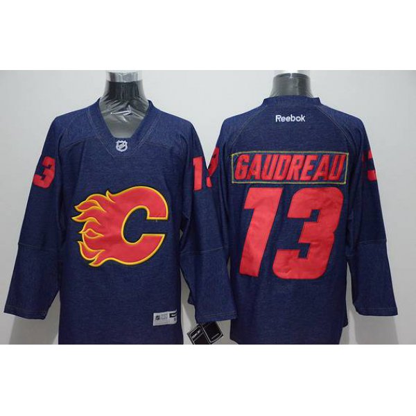 Men's Calgary Flames #13 Johnny Gaudreau Navy Blue Denim Fabric Fashion Jersey