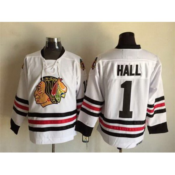 Men's Chicago Blackhawks #1 Glenn Hall White CCM Vintage Throwback Jersey