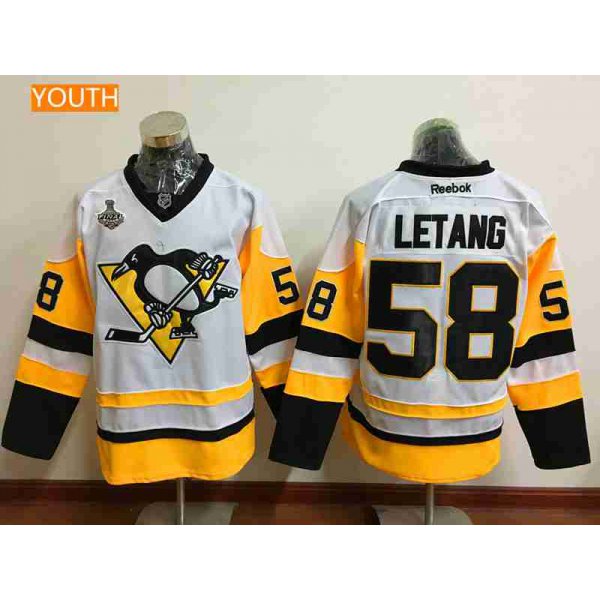 Youth Pittsburgh Penguins #58 Kris Letang White Third 2017 Stanley Cup Finals Patch Stitched NHL Reebok Hockey Jersey