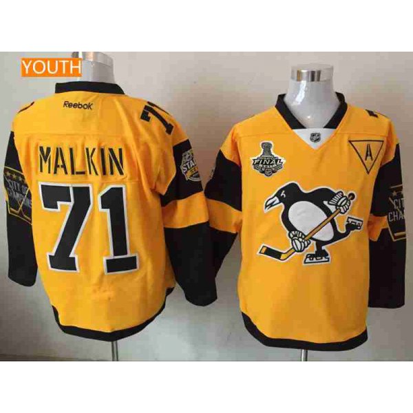 Youth Pittsburgh Penguins #71 Evgeni Malkin Yellow Stadium Series 2017 Stanley Cup Finals Patch Stitched NHL Reebok Hockey Jersey