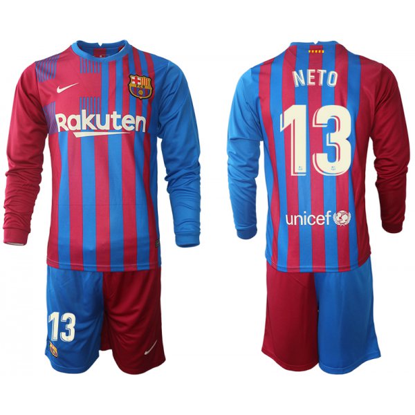 Men 2021-2022 Club Barcelona home red blue Long Sleeve 13 Nike Soccer Jersey