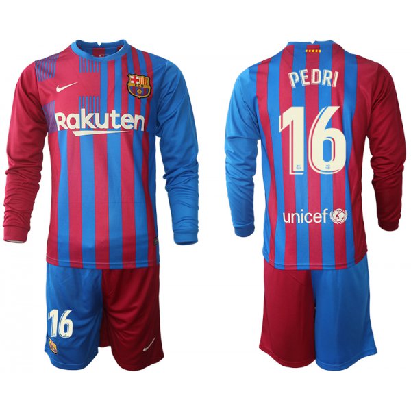 Men 2021-2022 Club Barcelona home red blue Long Sleeve 16 Nike Soccer Jerseys