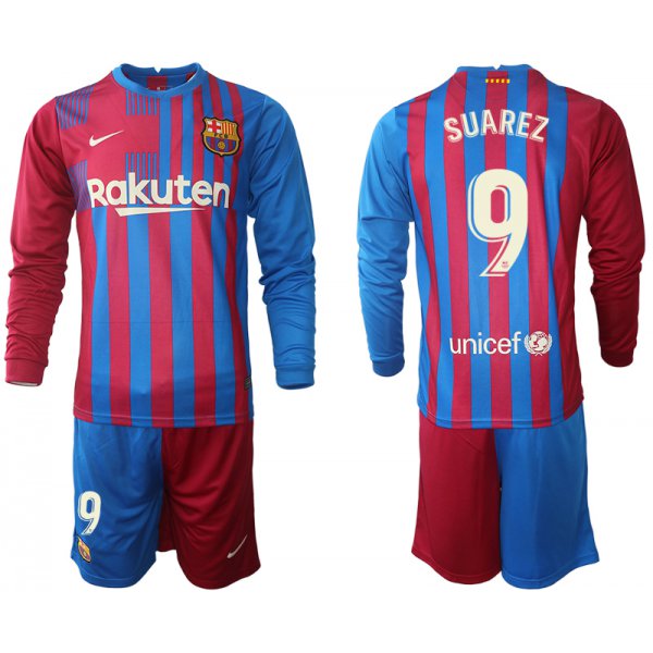 Men 2021-2022 Club Barcelona home red blue Long Sleeve 9 Nike Soccer Jersey