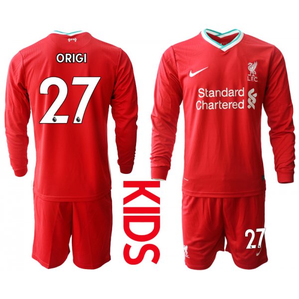2021 Liverpool home long sleeves Youth 27 soccer jerseys