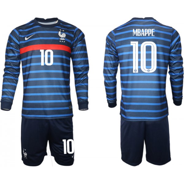 Men 2021 European Cup France home blue Long sleeve 10 Soccer Jersey