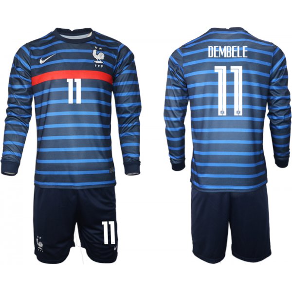 Men 2021 European Cup France home blue Long sleeve 11 Soccer Jersey1