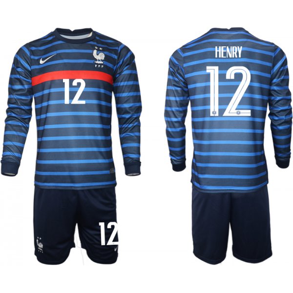 Men 2021 European Cup France home blue Long sleeve 12 Soccer Jersey